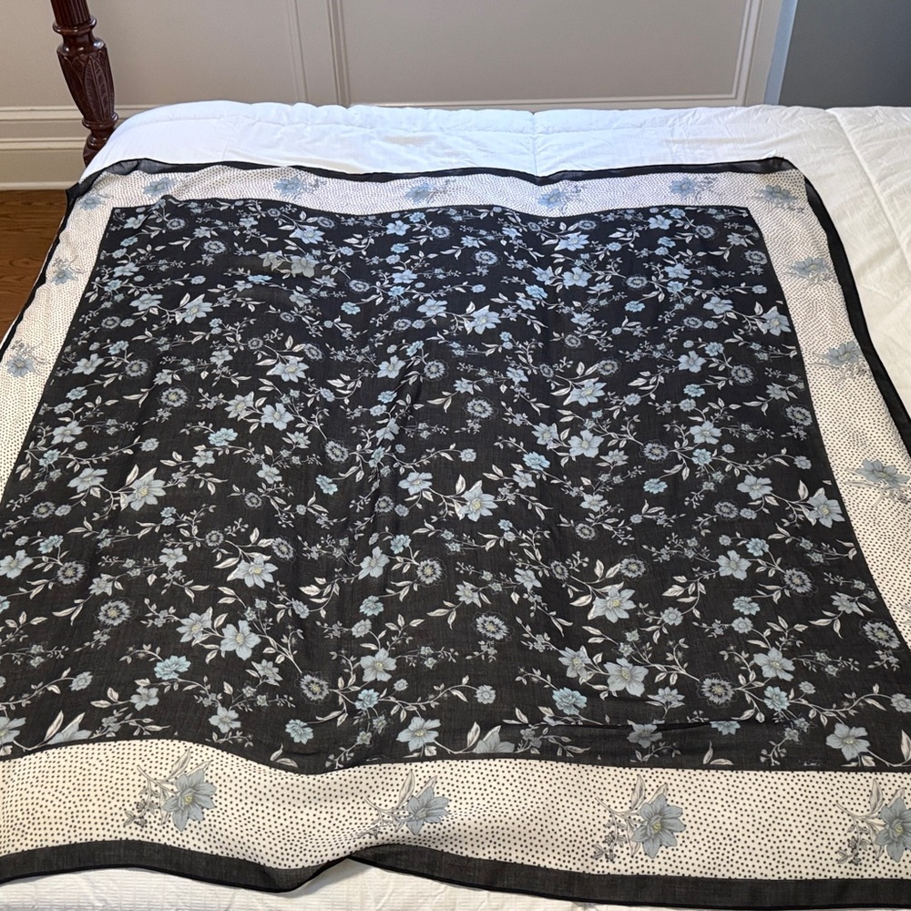 LOFT 48 inch square scarf: black with white and light blue flowers